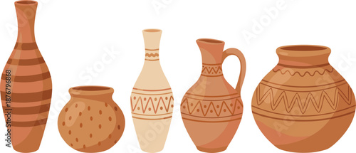 Handcrafted Clay Pottery Illustration Set Featuring Traditional Earthen Vases, Jugs and Decorative Ceramic Pots