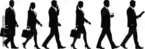 Business people walking silhouettes illustration set showing professional men and women with briefcases, dynamic corporate movement poses isolated on white background, clean black vector style