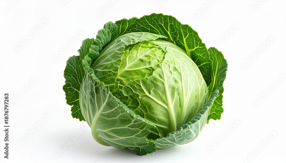 Obraz premium A fresh whole green cabbage with vibrant leaves, isolated on a clean white background. Raw vegetable is a healthy food ingredient for salads and cooking, representing organic farming and nutrition.