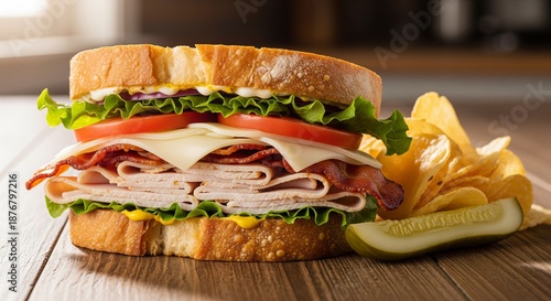 Mouthwatering sandwich overflowing with fresh ingredients and crispy potato chips alongside pickle