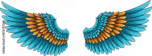 Decorative angel wings illustration, colorful feathered symmetry design isolated for tattoo logo emblem fantasy art cad drawing flat vector concept