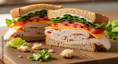 Delicious Turkey and Cheese Sandwich on Cutting Board Close-Up