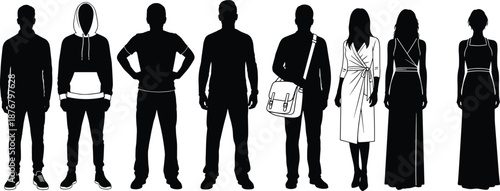 People silhouettes vector illustration set showing men and women standing in different poses, fashion outfits, isolated on white background, minimal black flat design
