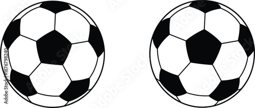 Two black and white soccer balls vector illustration isolated on white background, classic football design for sports concepts, icons, branding, and educational graphics
