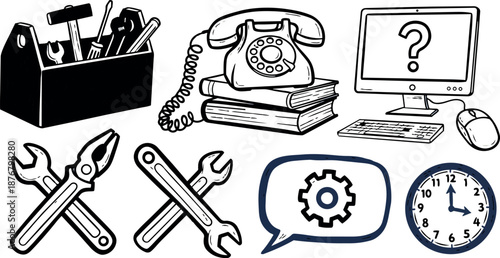 Black and white flat design toolkit hammer wrench pliers vintage phone and clock icons illustration with computer and gear bubble