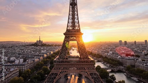 Eiffel Tower Sunrise Golden Hour Aerial View Paris France Landmark