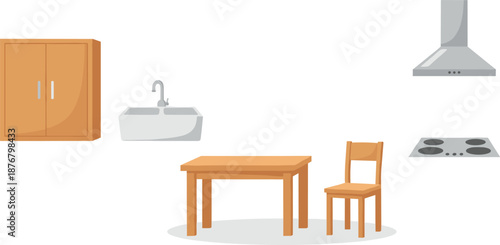 Kitchen Interior Illustration Set Featuring Table, Chair, Sink, Stove, Range Hood and Wall Cabinet in Modern Flat Style