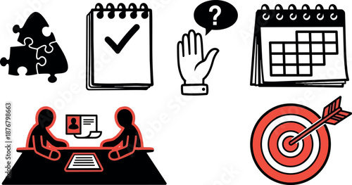 Flat design business meeting illustration with checklist puzzle calendar question hand target arrow concepts