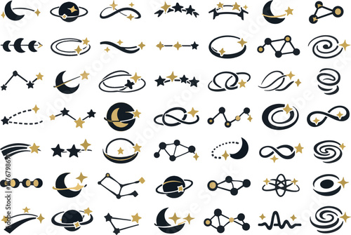 Celestial Constellation and Galaxy Icon Set with Astronomical Stars Planets and Cosmic Design Elements