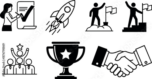 Black and white line art vector icons of woman checklist, rocket launch, climbing figures with flags, award ceremony, trophy cup, and handshake symbol