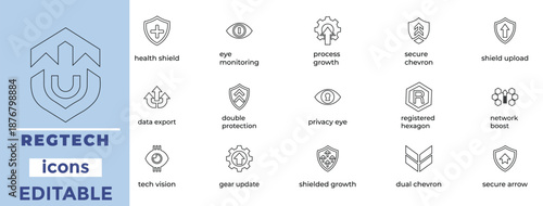 RegTech and Compliance Line Icon Set. Regulatory Technology, Data Security, Privacy Monitoring, and Business Protection Vector Symbols.