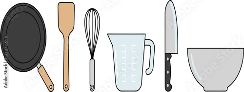 Kitchen Utensil Illustration Set Featuring Frying Pan, Spatula, Whisk, Measuring Cup, Chef Knife and Mixing Bowl