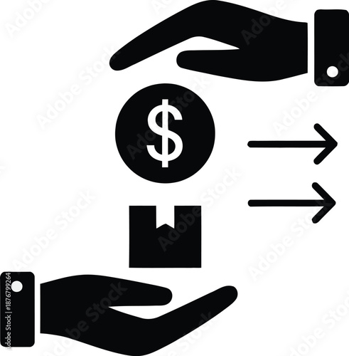 E-commerce transaction process showing payment being exchanged for a delivered product
