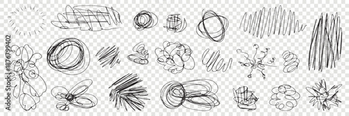 Pen scratch texture with pencil scribble and messy sketch stroke circles.