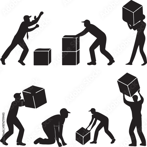 People moving and lifting boxes in various poses and actions