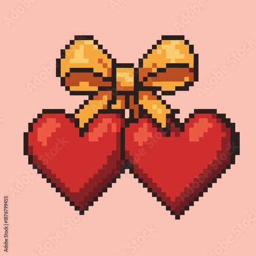 Pixel art of two intertwined hearts tied with a yellow bow on a light pink background