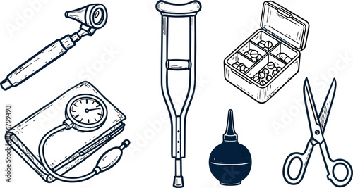 Hand drawn medical diagnostic tools including otoscope blood pressure monitor crutch first aid kit bulb syringe scissors illustration
