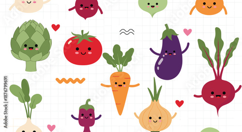 Cute cartoon vegetables smiling and waving on a white background, perfect for healthy eating or kids' illustrations.