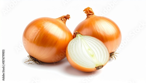 Wallpaper Mural Two whole fresh golden onions and one half onion showing its layers, a staple cooking ingredient for healthy eating and culinary recipes, isolated on a clean white studio background. Vegetable concept Torontodigital.ca