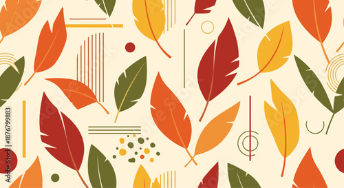 Autumnal abstract pattern of leaves with geometric elements and a cream background.