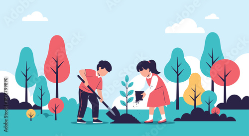 Children planting a tree in a park with colorful trees in the background, promoting environmental awareness and conservation efforts.