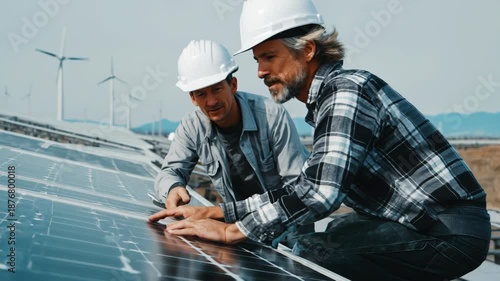 Two Engineers Collaborating on Solar Panels Inspection for Sustainable Power. Focusing on their expertise in renewable energy, they assess the performance and condition of solar panels in a field