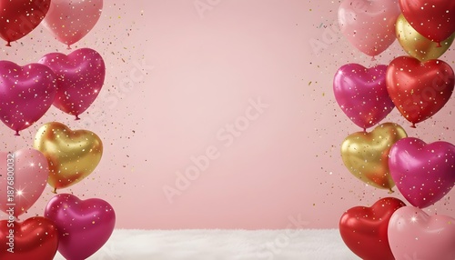 Valentine’s Day Surreal Background with Glitter Balloons and Flowers, Dramatic Romantic Atmosphere