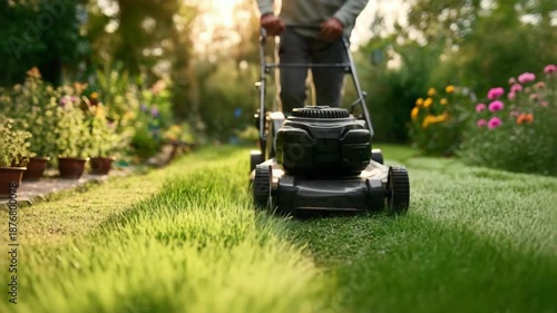 Man cutting grass with lawnmower on sunny day