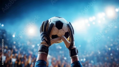A soccer goalie's dramatic save in a packed stadium with a soccer ball