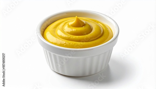 Yellow mustard sauce in a white ceramic ramekin bowl with a perfect swirl on top, isolated on a clean white background. This condiment is often used for hot dogs, sandwiches, and as a dipping sauce.