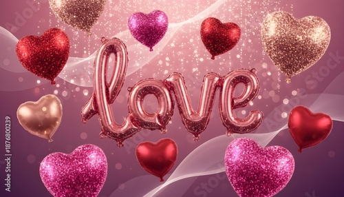 Valentine’s Day Surreal Background with Glitter Balloons and Flowers, Dramatic Romantic Atmosphere