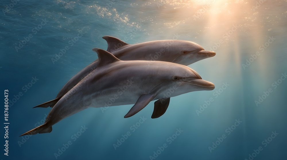 Fototapeta premium Two graceful dolphins swim together underwater in the serene ocean illuminated by soft sunlight rays filtering from above
