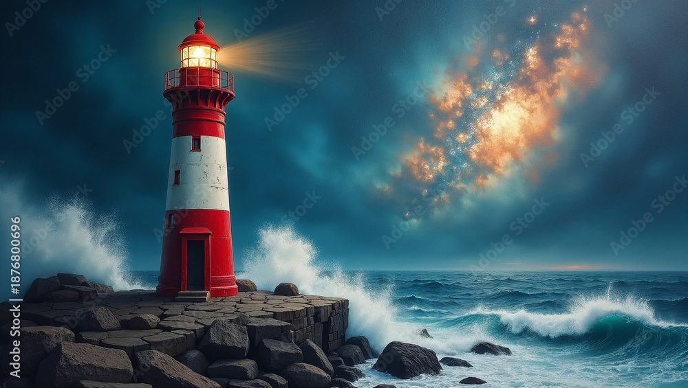 Obraz premium Surreal Fantasy Landscape of a Lighthouse with Milky Way and Celestial Portal