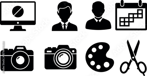 Black silhouette icons set computer screen with pill camera lens palette scissors and calendar vector art