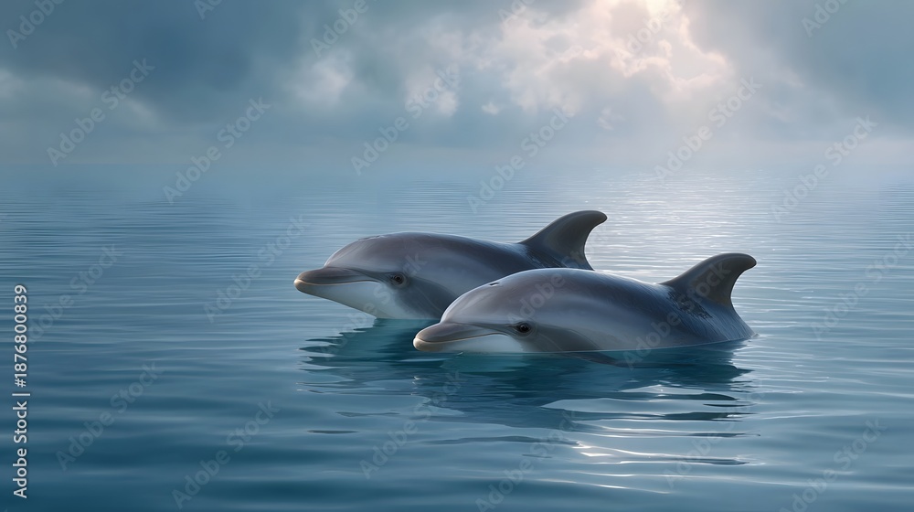 Fototapeta premium Two dolphins swim serenely in the ocean under a dramatic cloud filled sky