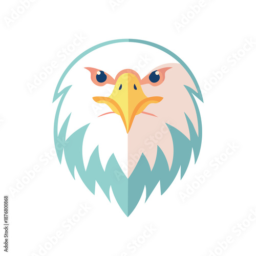 A stylized illustration of an eagle's head with vibrant feathers and sharp gaze