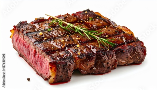 Juicy medium rare grilled beef steak with rosemary and spices. Sliced piece of delicious roasted meat showing pink interior, isolated on a clean white background for easy cutout. Perfect for culinary.