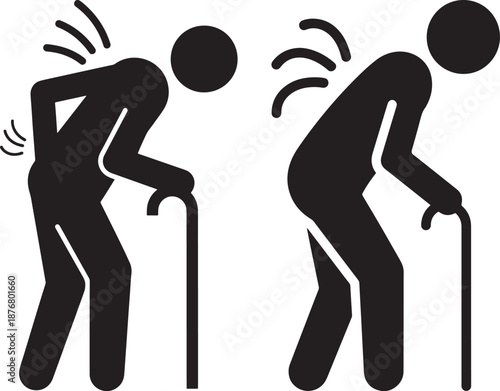 Silhouette of elderly with walking stick in pain