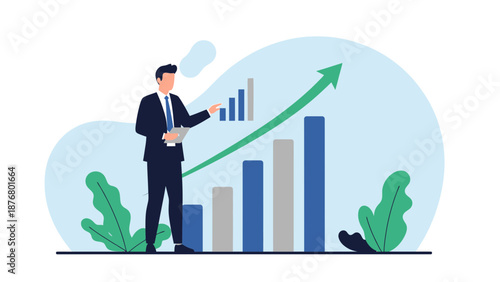 Businessman Presenting Growing Financial Chart with Upward Arrow