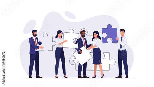 Diverse team assembling jigsaw puzzle, collaboration and teamwork concept