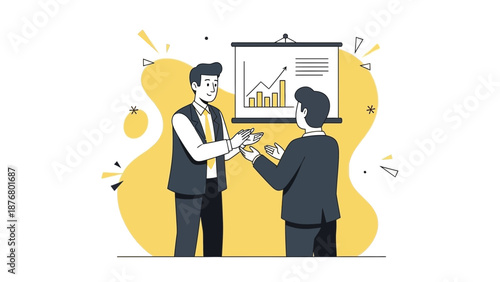 Business meeting illustration: presenting financial growth chart to colleague