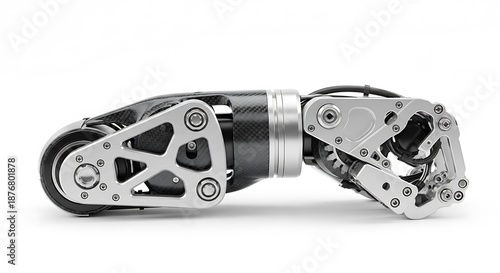 Advanced robotic prosthetic limb with carbon fiber and metal components on white background robotic limb