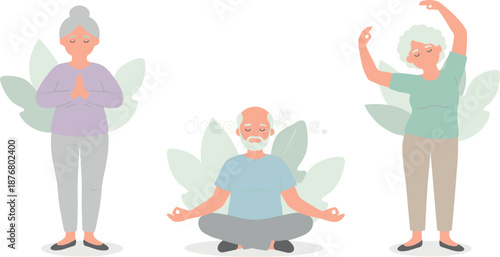 Senior People Practicing Yoga and Mindfulness Illustration Set Featuring Meditation, Stretching and Gentle Wellness Poses