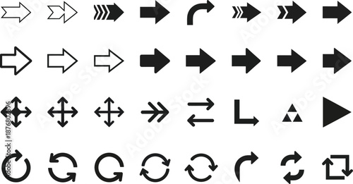 Collection of black arrow icons and direction symbols