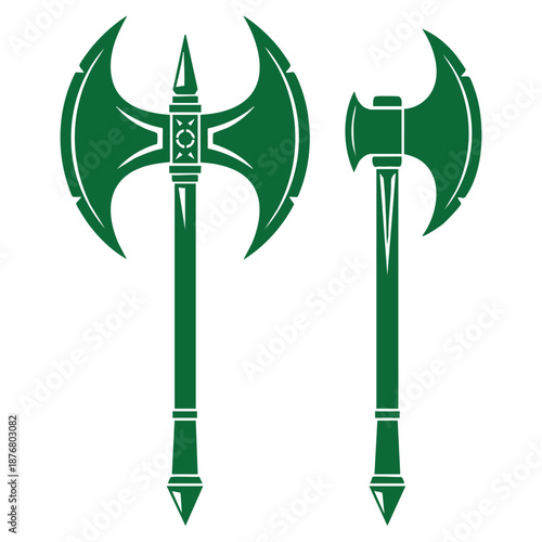Two green fantasy axes with sharp blades and handles on white background