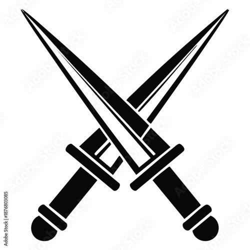 Two crossed swords with pointed blades and handles isolated on transparent background