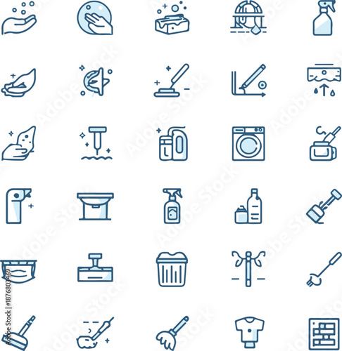 House Cleaning icon set. Housekeeping related line icons: washing, vacuum cleaner, detergent, cleaning tools, equipment, household appliances and more
