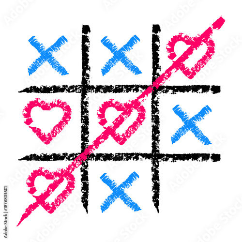 Colorful chalk drawn tic tac toe with heart symbols. Hand drawn doodle illustration combining playful XO game and romantic sketch style.