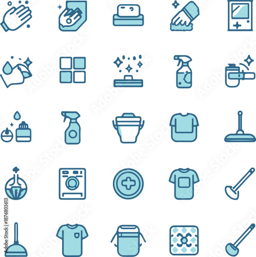Vector set of cleaning line icons. Contains icons disinfection, detergents, maid, laundry, cleaning services, wet floor, virus protection

