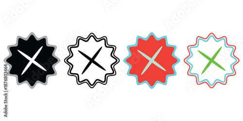 Four colored reject symbols with jagged edges on white background